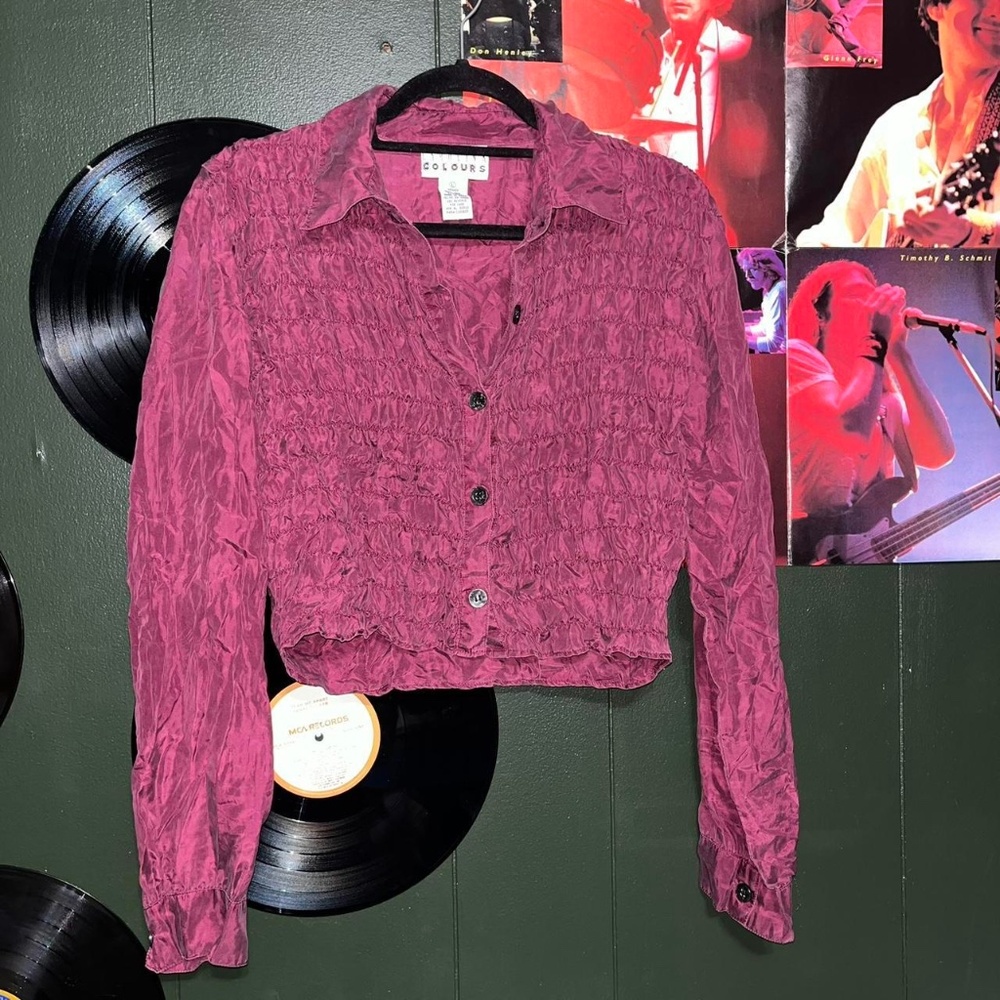 Vintage 1990s 100% silk, smocked, button up blouse. Cropped style.